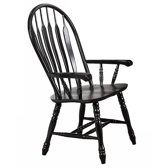 Sunset Trading Black Cherry Selections Comfort Back Windsor Dining Chair with Arms in Distressed Antique Black with Cherry Rub DLU-4130-AB-A