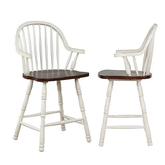 Sunset Trading Andrews 24" Windsor Barstool with Arms in Antique White and Chestnut Brown (Set of 2) DLU-ADW-B3024A-AW-2