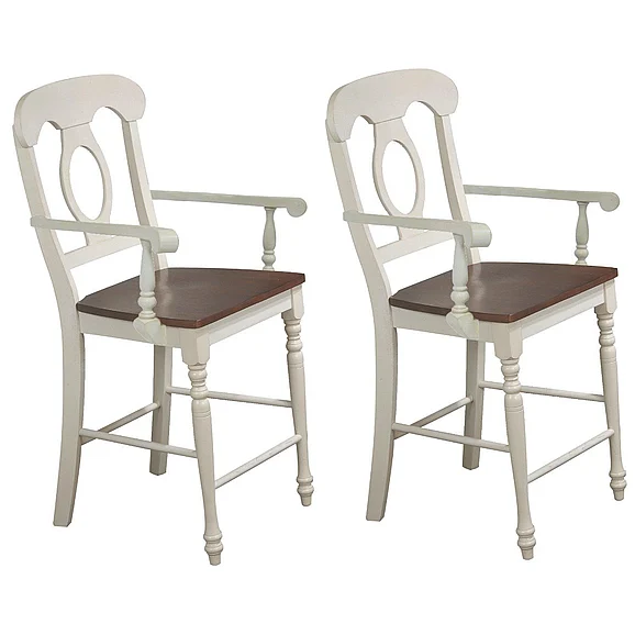 Sunset Trading Andrews Napoleon Barstool with Arms in Distressed Antique White and Chestnut Brown (Set of 2) DLU-ADW-B50A-AW-2