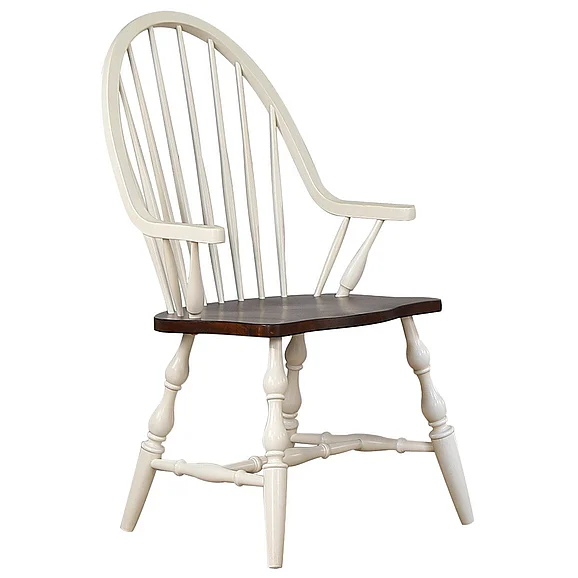 Sunset Trading Andrews Windsor Spindleback Dining Chair with Arms in Antique White and Chestnut Brown DLU-ADW-C30A-AW