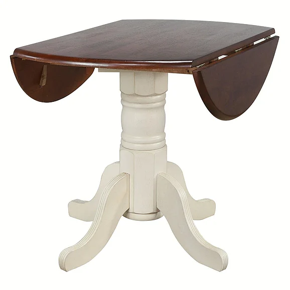 Sunset Trading Andrews 42" Round Extendable Drop Leaf Dining Table in Distressed Antique White with Chestnut Brown DLU-ADW4242-AW