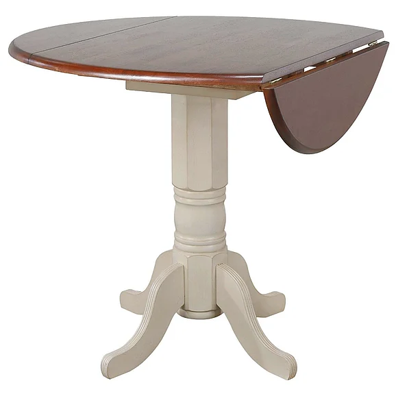 Sunset Trading Andrews 42" Round Extendable Drop Leaf Pub Table in Distressed Antique White and Chestnut Brown DLU-ADW4242CB-AW