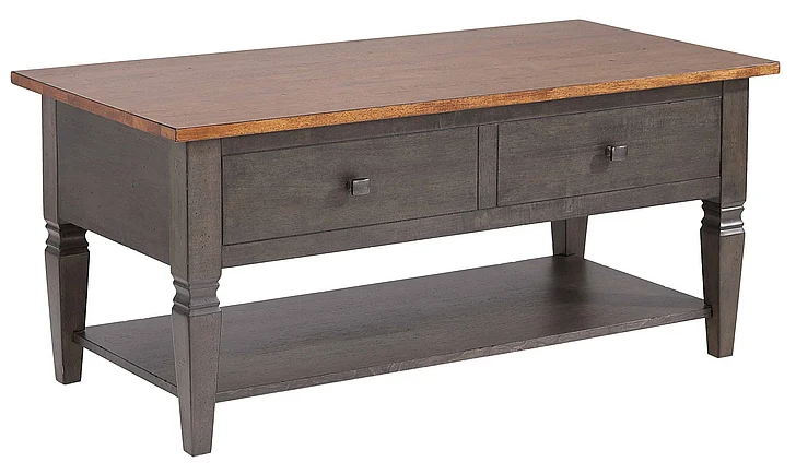 Sunset Trading Dakota 22x44 Rectangular Coffee Table with Drawers and Storage Shelf in Distressed Brown and Ash Gray DLU-DK-2308-TA