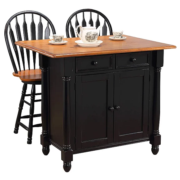 Sunset Trading Antique Black Expandable Kitchen Island with 2 Swivel Stools in Distressed Antique Black with Cherry DLU-KI-4222-B24-BCH3PC