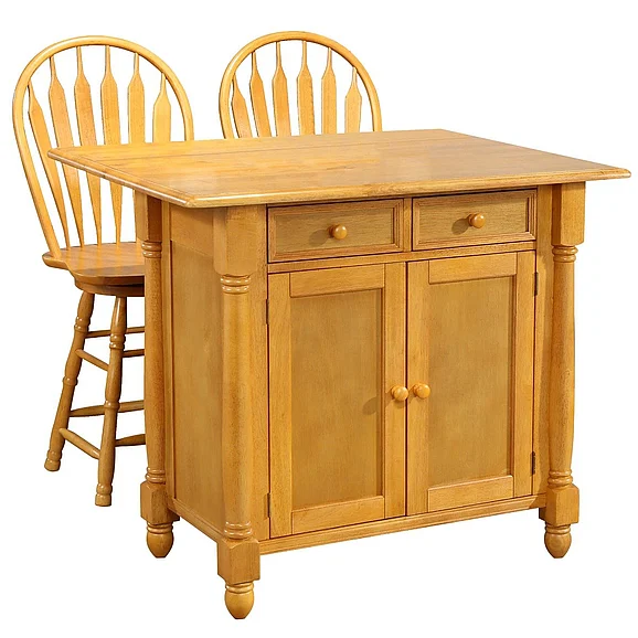 Sunset Trading Light Oak Expandable Drop Leaf Kitchen Island with 2 Swivel Stools in Light Oak DLU-KI-4222-B24-LO3PC