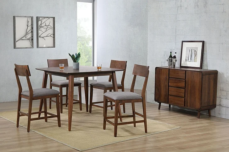 Sunset Trading Mid Century 5pc 48" Square Counter Height Dining Room Set in Danish Walnut