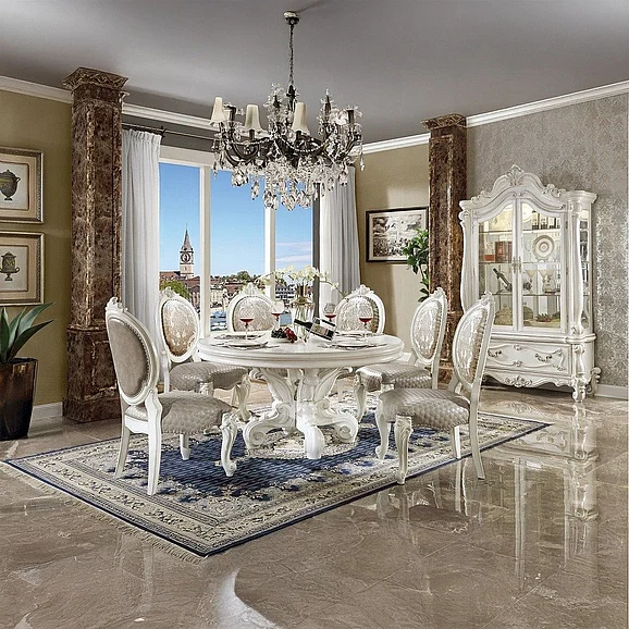 ACME Versailles 7pc Round Dining Room Set in PU & Bone White