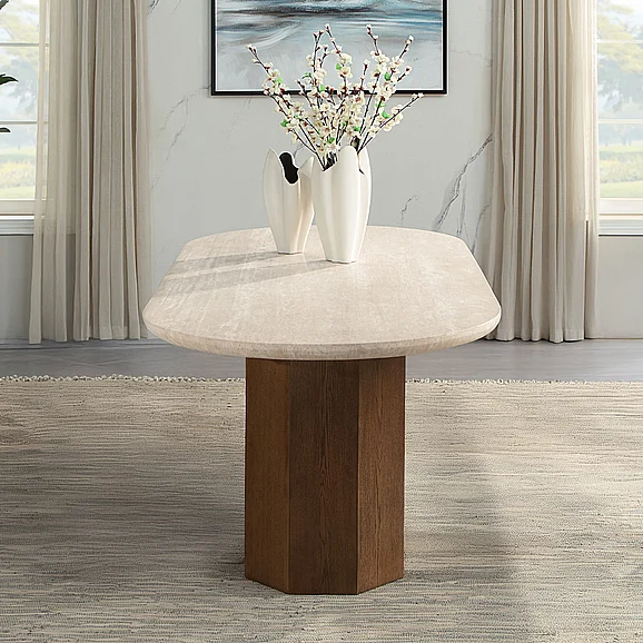 ACME Leonardo Dining Table in Travertine Top & Dark Oak DN04015