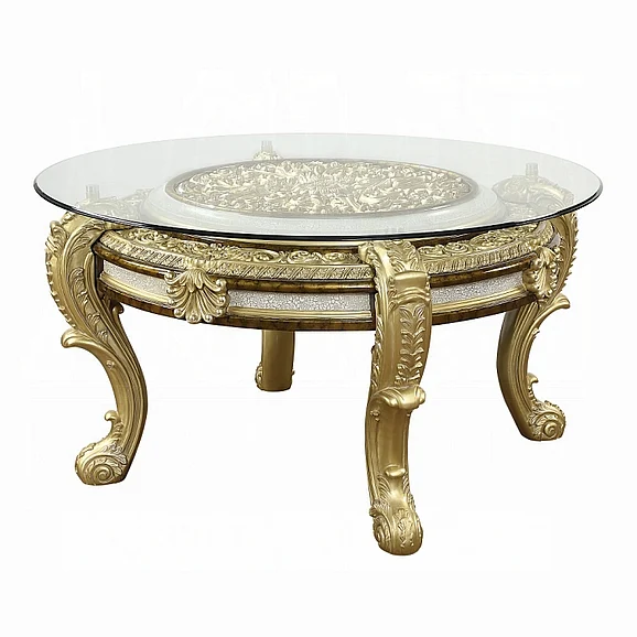 ACME Desiderius Round Dining Table in Antique Gold and Hand Paint Brown DN60005