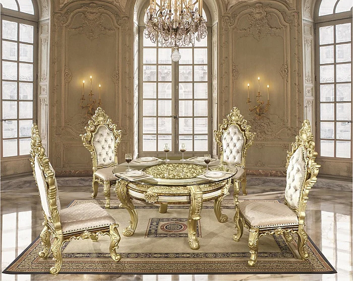 ACME Desiderius 5pc Round Dining Room Set in Antique Gold and Hand Paint Brown