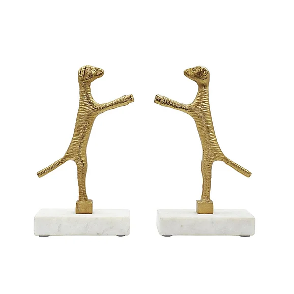 Worlds Away Pair Of Dog Bookends in Brass Finish On White Marble Base DOGGO