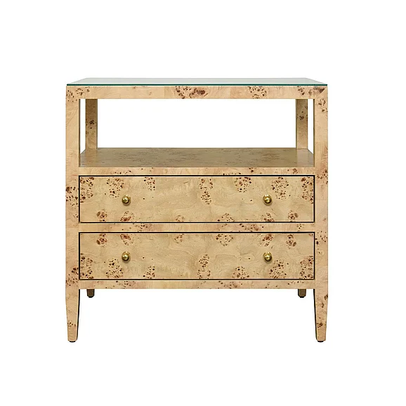 Worlds Away Two Drawer Side Table w/ Open Top Shelf in Burl Wood DOUGLAS BW