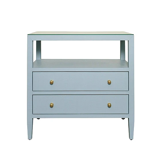 Worlds Away Two Drawer Side Table w/ Open Top Shelf in Textured Light Blue Linen DOUGLAS LB