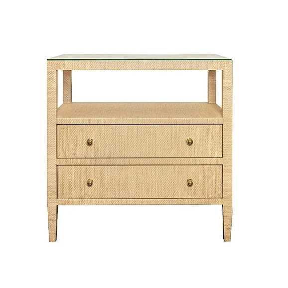 Worlds Away Two Drawer Side Table w/ Open Top Shelf in Natural Grasscloth DOUGLAS NAT