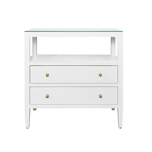 Worlds Away Two Drawer Side Table w/ Open Top Shelf in Textured White Linen DOUGLAS WH