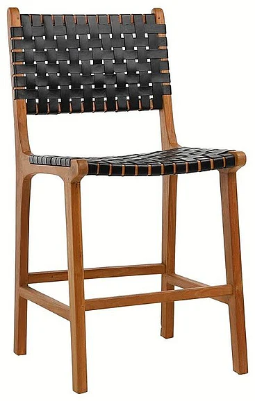 Chase Natural Teak Wood and Full Grain Leather Counter Stool in Antique Black DV7273