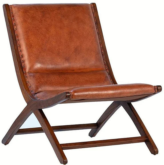 McGee Teak Wood and Full Grain Leather Occasional Chair in Antique Brown DV7276 PROMO