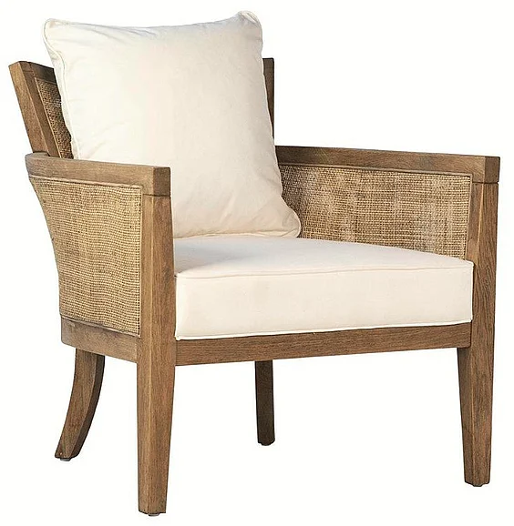 Maskin Oak Wood and Rattam Accent Chair in Off White Performance Fabric DV7338