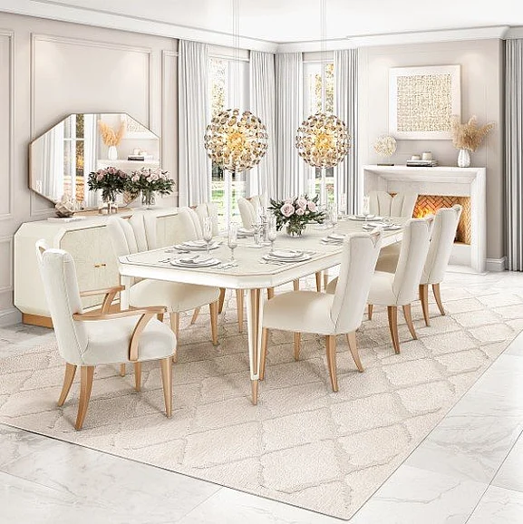 AICO La Rachelle 9-pc Rectangular Dining Room Set in Medium Champagne