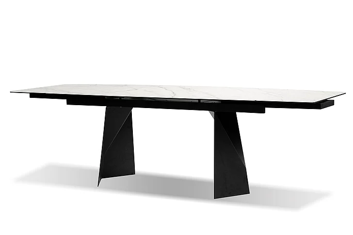 Mobital Prism Double Extension Dining Table Carrara White Ceramic Top DTA-PRIS-CARR-PCBLA