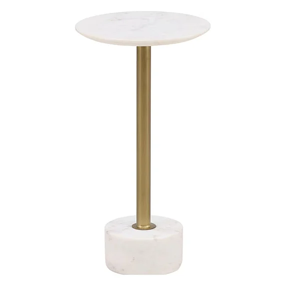 Raquel Iron End Table in Antique Brass with White Marble Top and Base