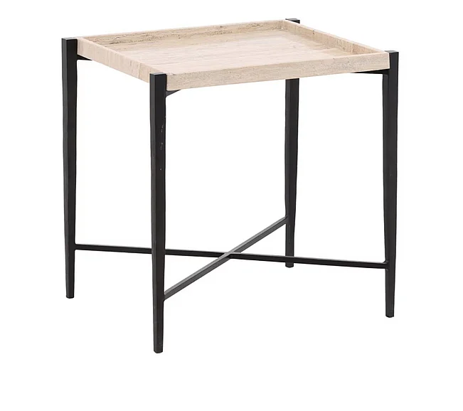 Thirnsy Natural Travertine and Black Iron End Table
