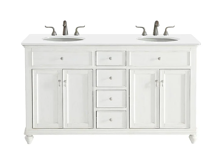 Elegant 60 In. Double Bathroom Vanity in Antique White with Ivory White Engineered Marble VF12360DAW-VW CLOSEOUT