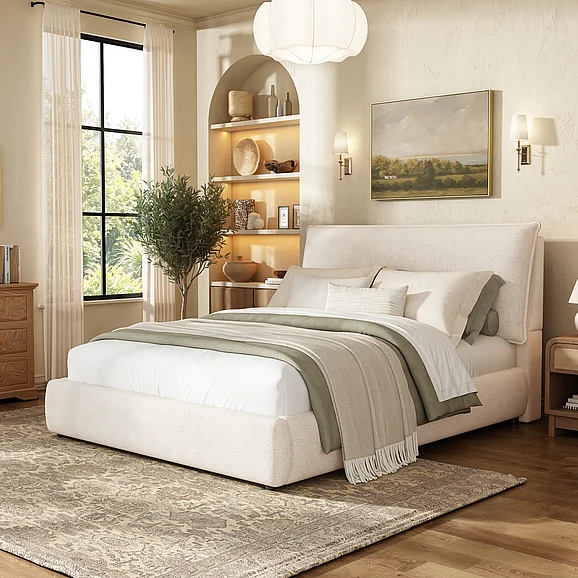 Upholstered Platform Bed Frame with Oversized Plush Pillow Headboard, No Box Spring Needed, Queen, Cream White
