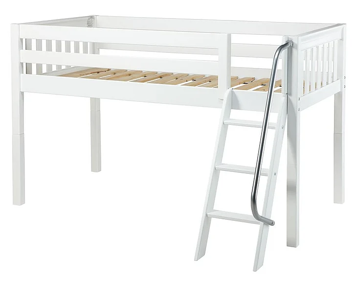 Maxtrix Bare Bone Twin Size Low Loft (Low/Low) Slat Bed with Angle Ladder in White EASY RIDERWS
