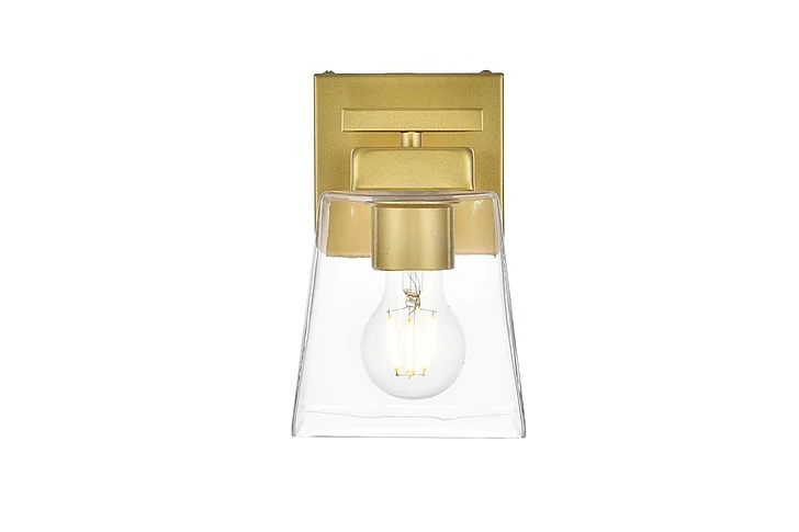 Elegant Merrick 1 Light Brass and Clear Bath Sconce LD7312W5BRA CLOSEOUT