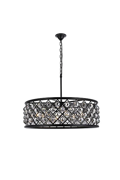 Elegant Madison 8 Light Matte Black Chandelier Silver Shade (Grey) Royal Cut Crystal 1214D32MB-SS/RC