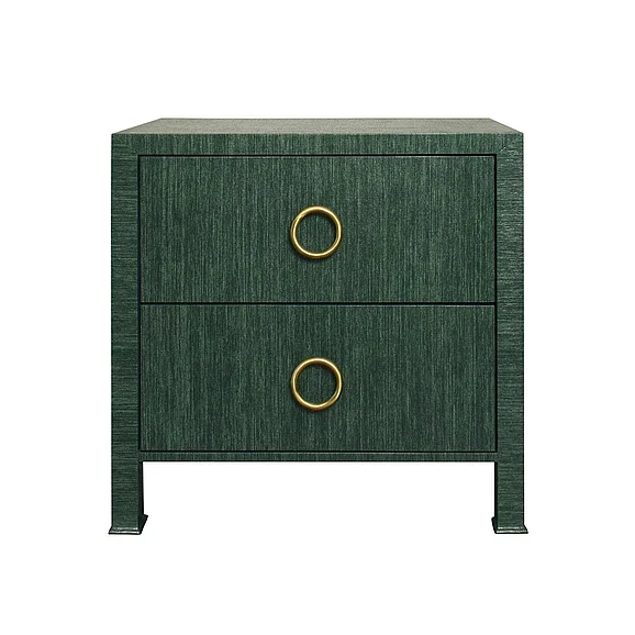 Worlds Away Two Drawer Side Table w/ in Dyed Green Grasscloth EDELMAN GR