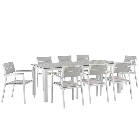 Restaurant Outdoor Dining Set - Modway Maine Outdoor Patio 9pc Dining Set in White Light Gray