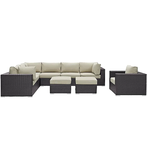 Modway Convene 9 Piece Outdoor Patio Sectional Set in Espresso Beige EEI-2208-EXP-BEI-SET