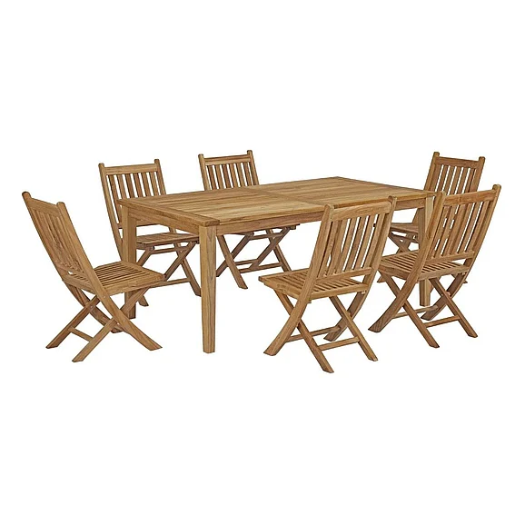 Restaurant Outdoor Dining Set - Modway Marina Outdoor Patio 7pc 72-In. Dining Set with Armless Folding Chair in Natural