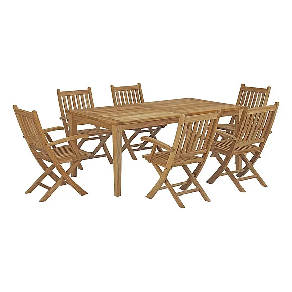 Modway Marina Outdoor Patio 7-Piece Teak Wood 72-Inch Dining Table Dining Set with Folding Chair in Natural