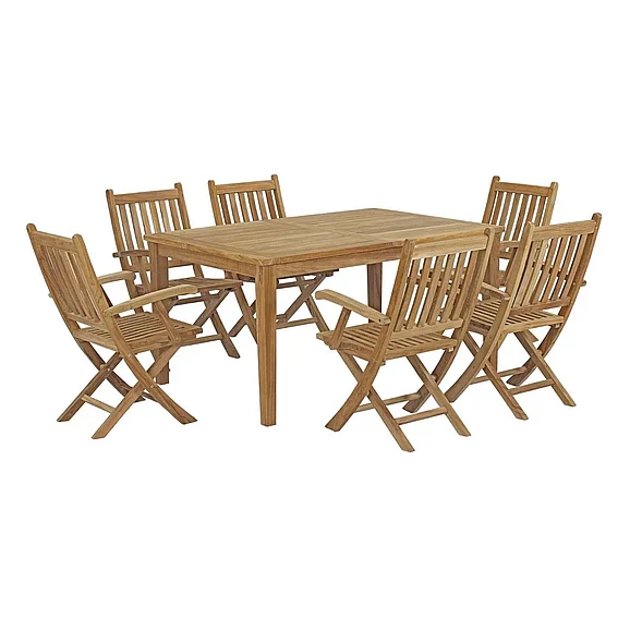Modway Marina Outdoor Patio 7-Piece Teak Wood 60-Inch Dining Table Dining Set with Folding Chair in Natural