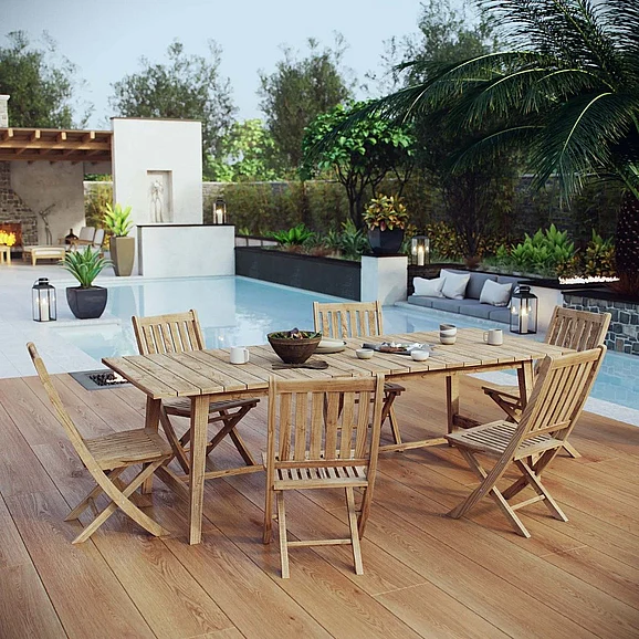 Modway Marina Outdoor Patio Teak 7pc Dining Rooms Set in Natural