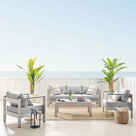 Modway Shore Sunbrella Fabric Aluminum Outdoor Patio 4pc Living Rooms Set in Silver Gray