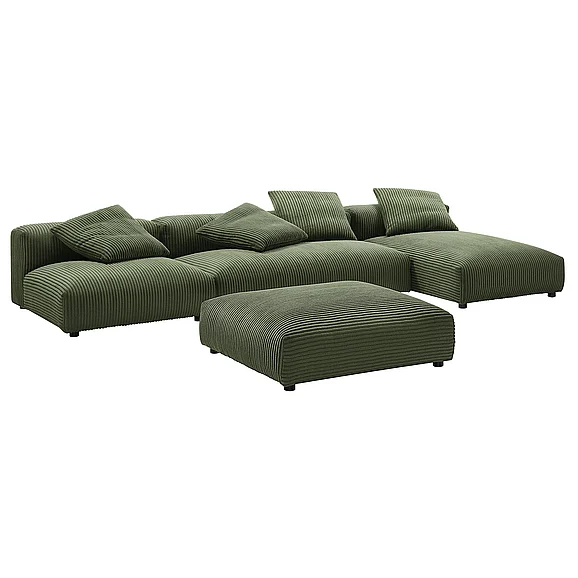 Modway Solace 4-Piece Modular Corduroy Upholstered Sectional Sofa w/ Ottoman in Fern EEI-7032-FRN