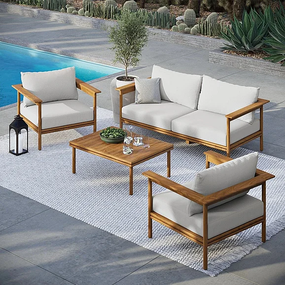 Modway Wren Outdoor Patio Teak Wood 3pc Living Rooms Set in Natural Sail