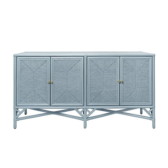 Worlds Away Rattan Four Door Cabinet w/ Rope Front Doors in Painted Light Blue ELEANOR LB