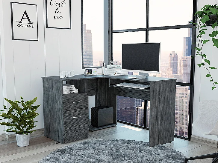Mix L-Shaped Desk, Keyboard Tray, 2 Drawers, Single Open Shelf -Smokey Oak FedEx/UPS