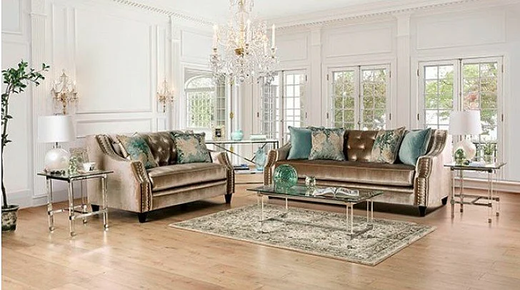 Furniture of America Elicia 2pc Living Room Set in Champagne/Turquoise