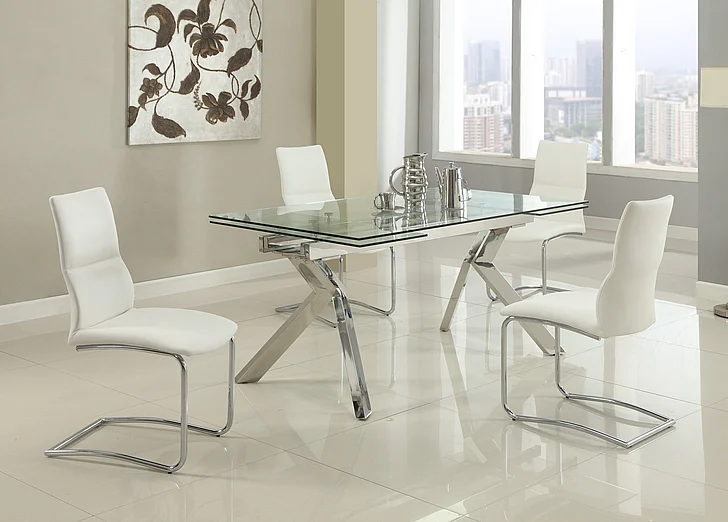 Chintaly Ella 5pcs Butterfly Legs Extendable Dining Table Set in Stainless Steel/White
