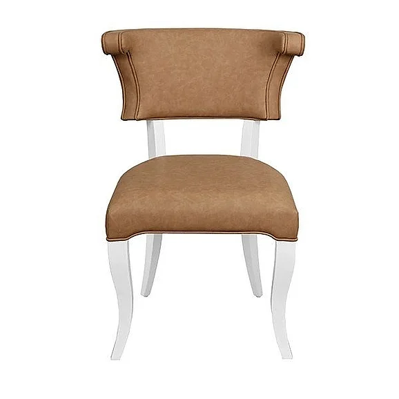 Worlds Away Round Back Dining Chair with Matte White Lacquer Legs Upholstered in Camel Faux Leather ELOISE CML