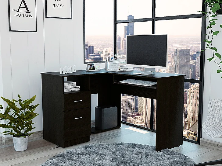 Mix L-Shaped Desk, Keyboard Tray, 2 Drawers, Single Open Shelf -Black FedEx/UPS