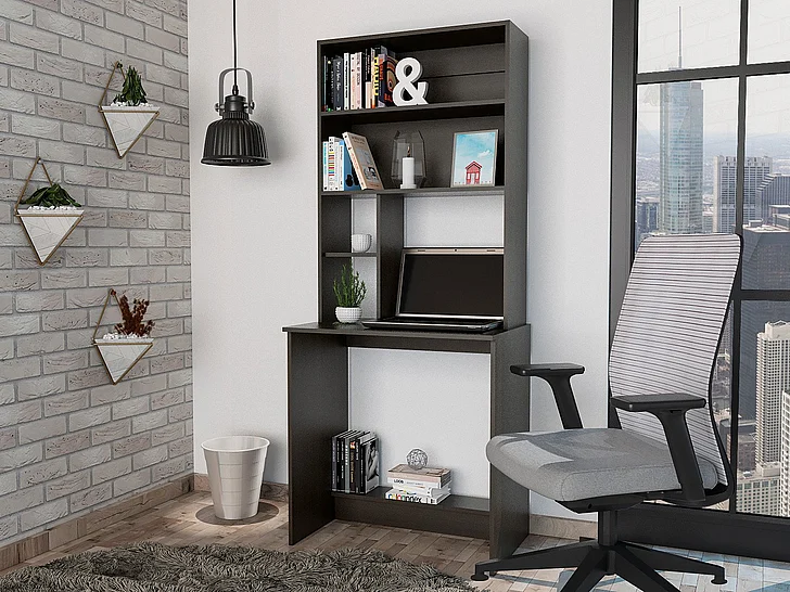 ComPU Hutch Desk, 4 Shelves, Writing Desk, One Lower Shelf -Black FedEx/UPS
