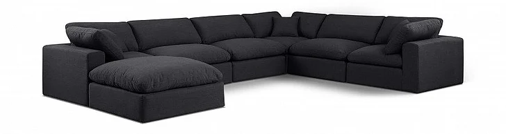 Meridian Comfy Linen Textured Fabric Sectional in Black Linen Textured Fabric 187Black-Sec7A