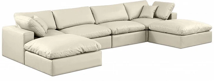 Meridian Comfy Faux Leather Sectional in Cream Faux Leather 188Cream-Sec6B